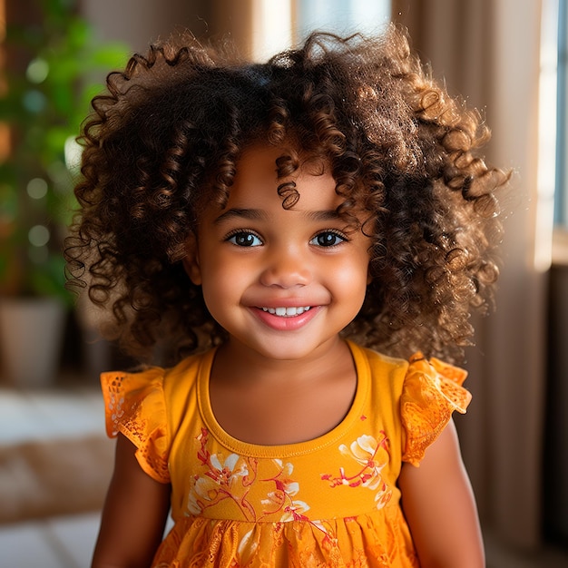 Foto eines schönen Mädchens mit lächelndem Haar voller Locken