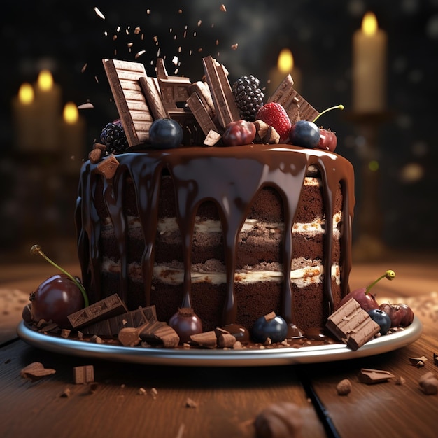 Foto eines Schokoladenkuchens mit Schokolade und Nüssen obendrauf