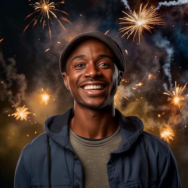 Foto eines schwarzen Mannes, der vor einem Feuerwerk lächelt