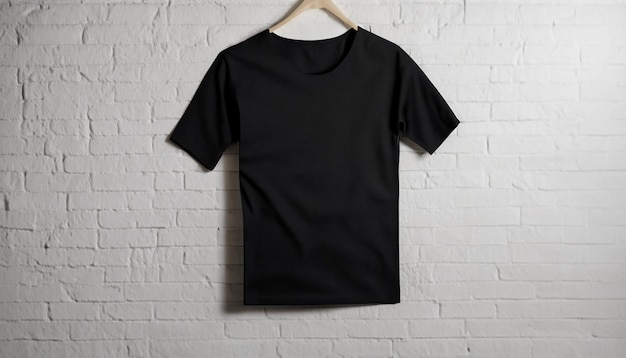 Foto eines schwarzen T-Shirts, das an einem Kleiderbügel vor einer Ziegelwand hängt, Vorderansicht