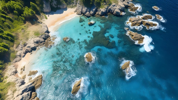 Foto eines sehr schönen paradiesischen Strandes und einer Insel mit blauen Wellen