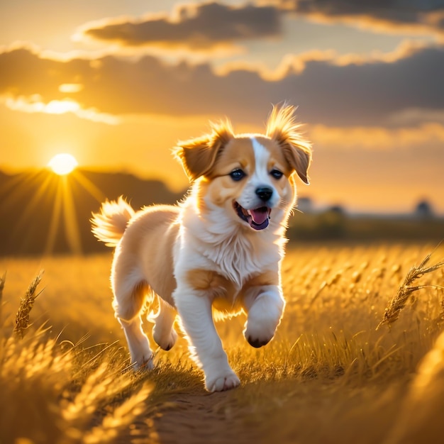 Foto eines sehr süßen Welpen, der in einem goldenen Weizenfeld rennt