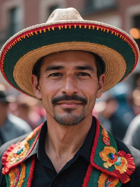 Foto eines selbstbewussten Mannes im Sombrero während der Parade