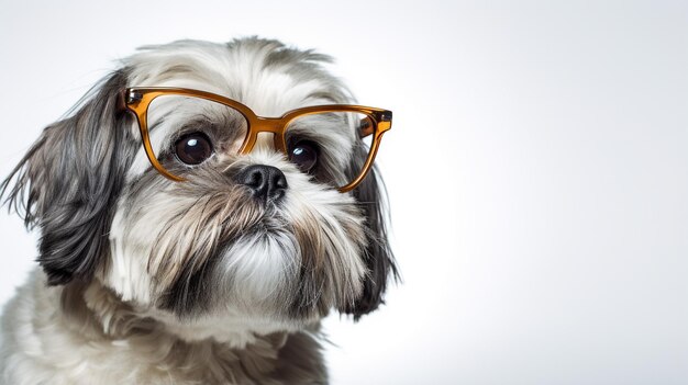 Foto eines Shih Tzu-Hundes mit Brille, isoliert auf weißem Hintergrund