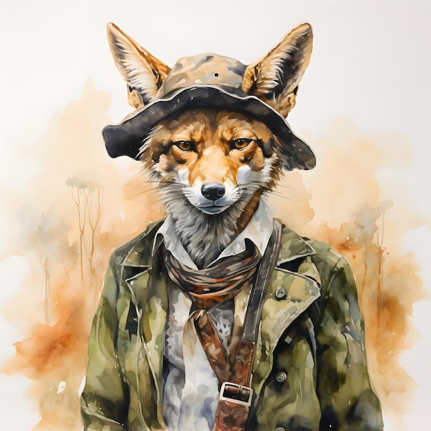 Foto eines skurrilen Gemäldes eines Fuchses mit Hut und Jacke