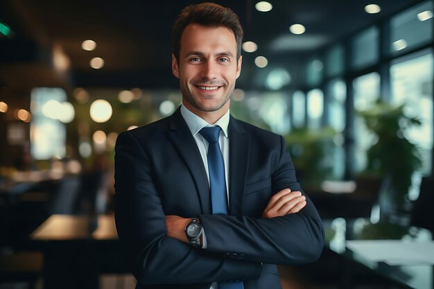 Foto eines Smiley-Geschäftsmanns, der drinnen mit verschränkten Armen und Textfreiraum posiert