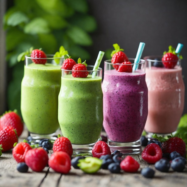 Foto eines Smoothies auf dem Tisch mit blauen Beeren und Erdbeeren