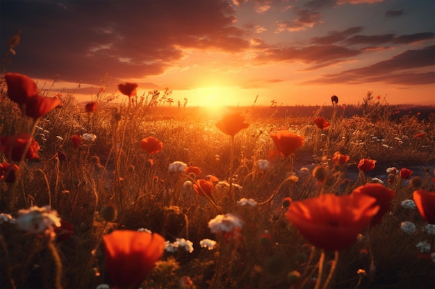 Foto eines Sonnenuntergangs mit einem Blumenfeld und einem Sonnenuntergang
