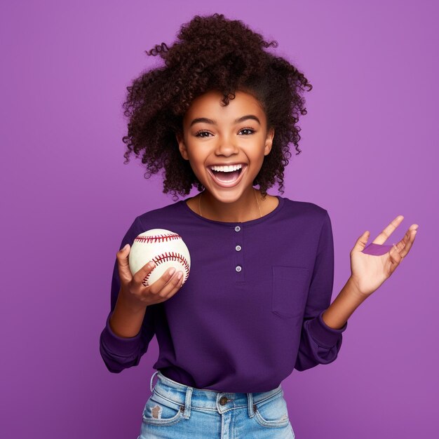 Foto eines Sportfan-Mädchens, das aufgeregt ist und einen Ball vor einer lila Wand hält