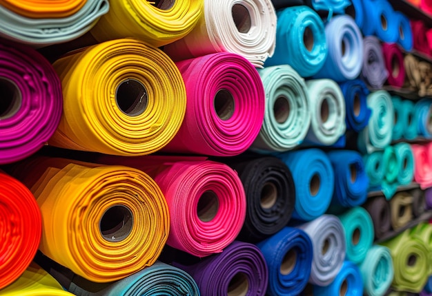 Foto eines Stapels verschiedener Farben von Kleidungsstoffrollen, Textilrollen, Ladenregalen