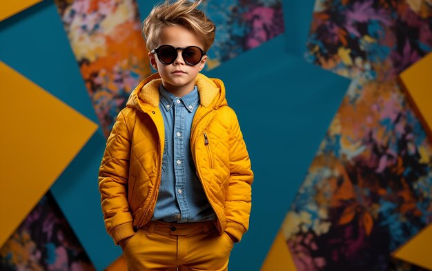 Foto eines stilvollen Jungen mit gelber Jacke und blauer Kleidung