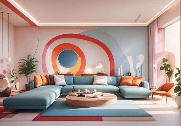 Foto eines stilvollen Wohnzimmers mit einer leuchtend blauen Couch und einem faszinierenden großen Gemälde