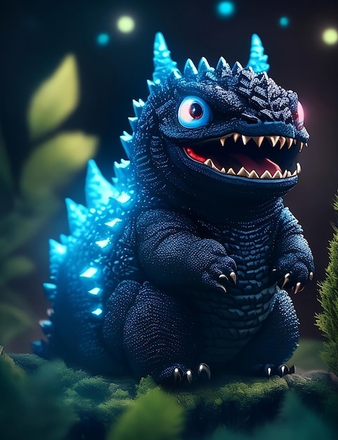 Foto eines süßen blauen Godzilla, der Spaß hat