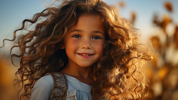 Foto eines süßen kleinen Mädchens im Freien mit lockigem Haar im Wind