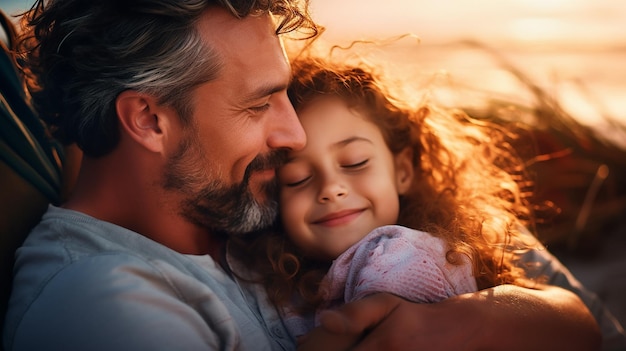 Foto eines süßen Mädchens, das ihren Vater umarmt, süßes Lächeln, glücklicher Vater und Tochter