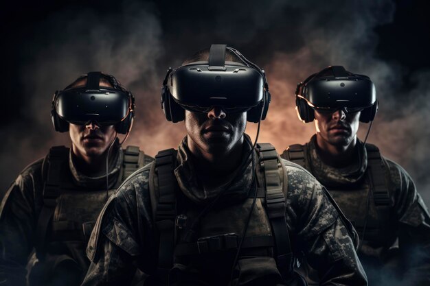 Foto eines Teams von drei Soldaten. Militärische VR-Technologie. Soldaten mit Schutzbrillen