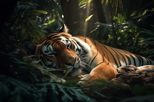 Foto eines Tigers, der im Wald schläft