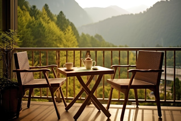 Foto eines traditionellen Hotelbalkons mit Blick auf die Berge. Fotografie AI generiert