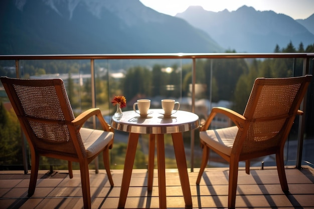 Foto eines traditionellen Hotelbalkons mit Blick auf die Berge. Fotografie AI-generiert