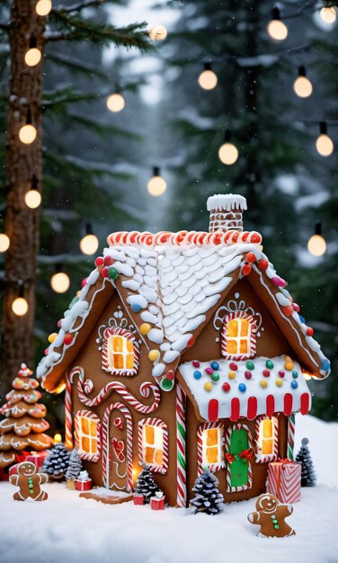 Foto eines weihnachtlichen Lebkuchenhauses mit Lichterketten und einem Stapel Geschenke draußen in einem verschneiten Wald...