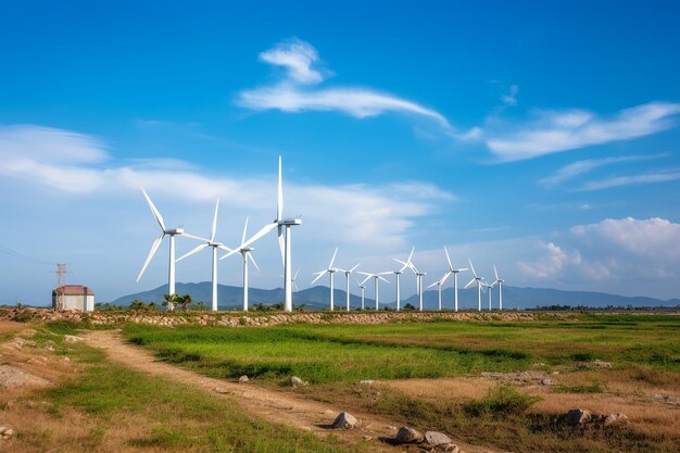 Foto eines Windparks oder Windparks mit großen Windkraftanlagen zur Erzeugung grüner Energie