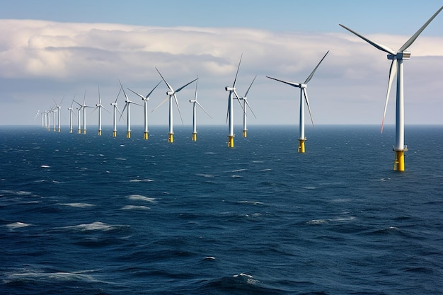 Foto eines Windparks oder Windparks mit großen Windkraftanlagen zur Erzeugung grüner Energie