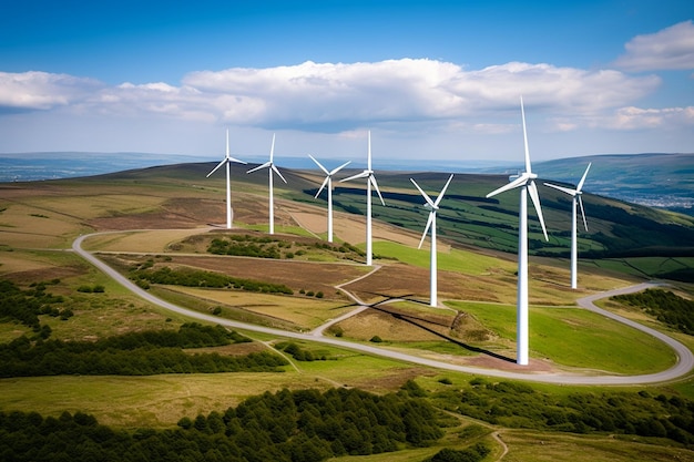 Foto eines Windparks oder Windparks mit großen Windkraftanlagen zur Erzeugung grüner Energie