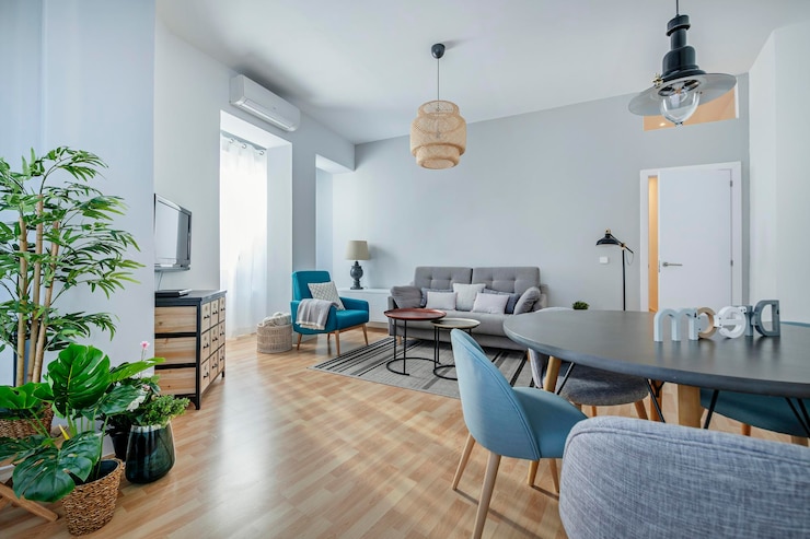 Foto foto eines wohnzimmers mit esstisch in einer ferienwohnung, dekoriert mit modernen möbeln in sanften farbtönen und natürlichen pflanzen