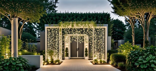 Foto eines wunderschön beleuchteten Eingangs zu einem Haus, das von einem lebendigen Garten umgeben ist