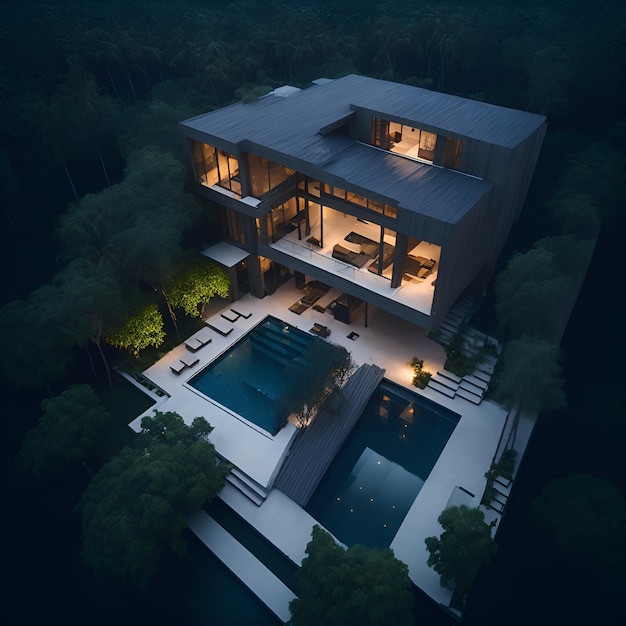 Foto eines wunderschönen nachts beleuchteten Hauses aus der Luftperspektive