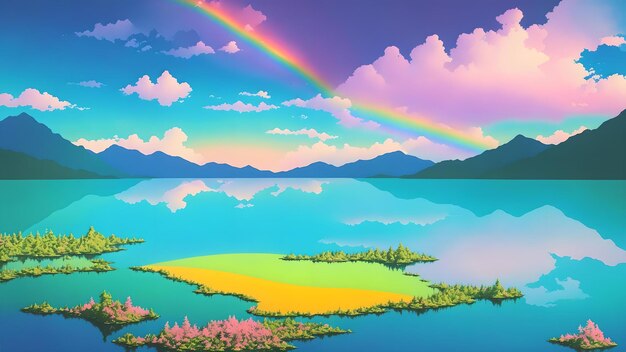 Foto eines wunderschönen Sees mit einem lebendigen Regenbogen am Himmel