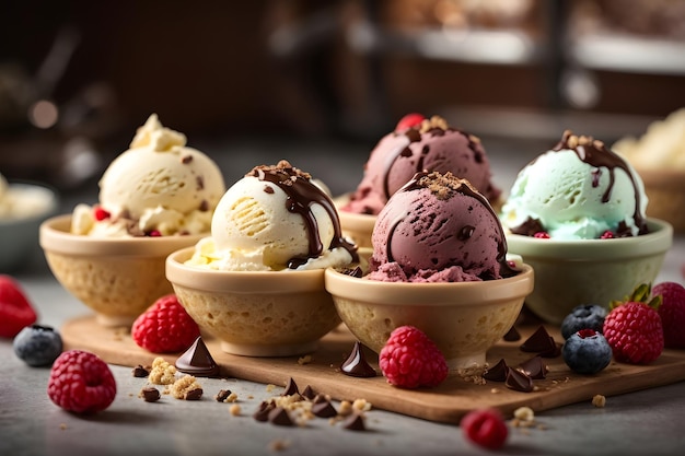 Foto-Eiskugeln mit Vanilleschokoladen- und Beerenkugeln und Topping