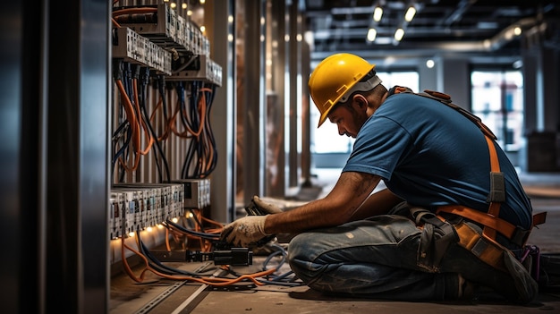 foto de un electricista que trabaja en un cuadro de distribución con un cable de conexión eléctrico generado por IA