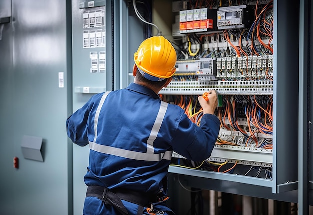 Foto de un electricista trabajando.