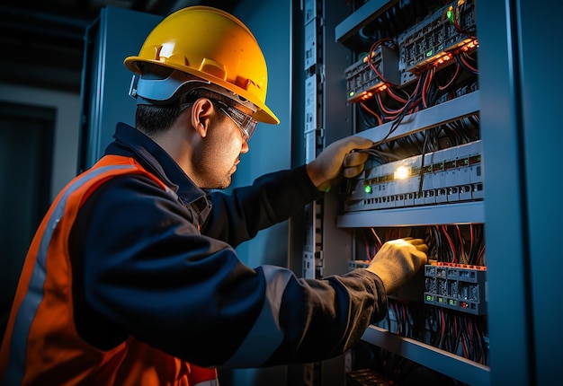 Foto de un electricista trabajando.