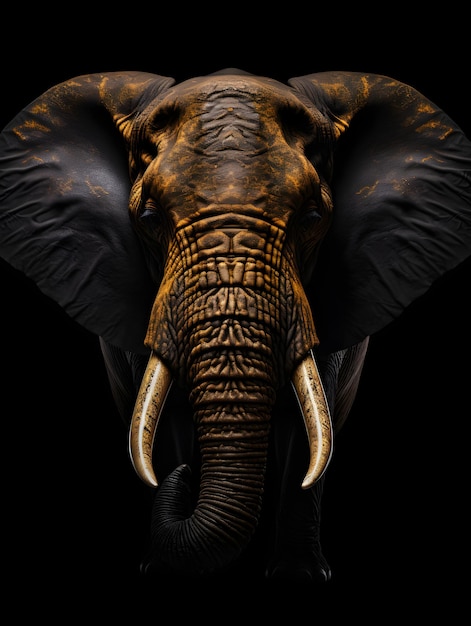 una foto de un elefante dorado y negro sobre un fondo negro