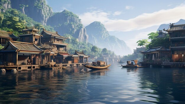 Foto una foto de una elegante aldea flotante en aguas suaves
