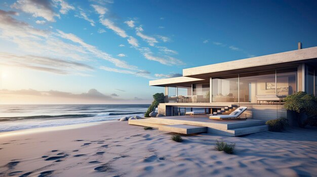 Una foto de una elegante casa de playa contra un cielo despejado