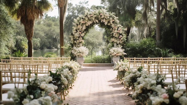 Una foto de una elegante ceremonia de boda al aire libre con arco floral y sillas blancas