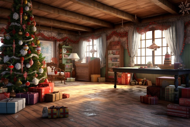 Foto elegante interior de la habitación con chimenea acogedor sillón hermoso árbol de Navidad por la noche acogedor ho