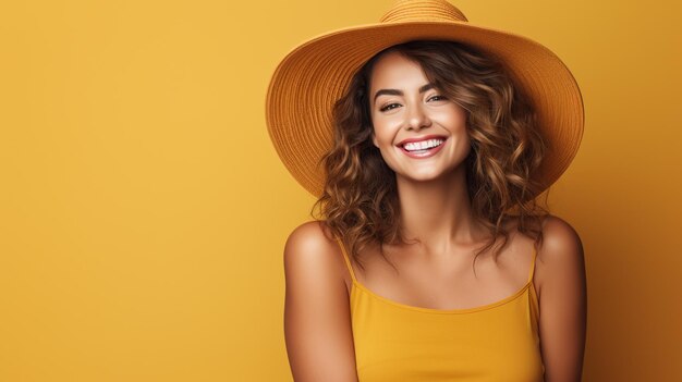 foto elegante mujer pelirroja posando en vestido amarillo con mangas en amarillo generado por AI