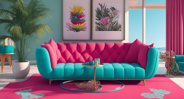 Foto de una elegante sala de estar con vibrantes sofás en rosa y azul.