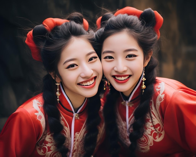 Foto em ação ao vivo de mulheres gêmeas chinesas sorridentes