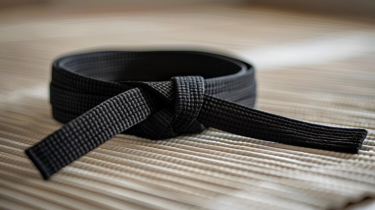 Foto foto em alta resolução de cinturão negro descansando em jiujitsu gi branco dobrado em dojo simbolizando amplificador de disciplina
