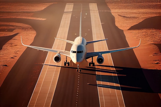 Foto em alto ângulo de um avião comercial parado na pista pronto para embarcar no AI Generative