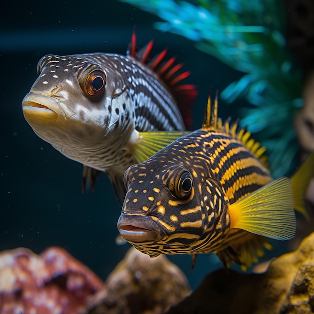 foto em close de Batuana Cichlid e Valentinnis Sharpnose Puffer em um aquário