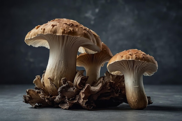 Foto em close de cogumelo de ostra em fundo cinzento