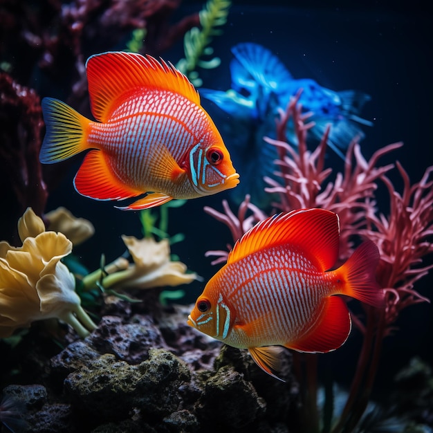 foto em close de Flame Angelfish e Red Handfish em um aquário