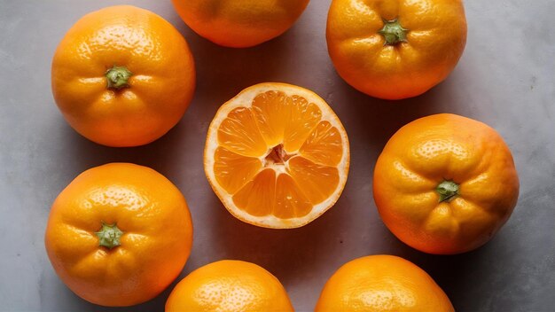 Foto em close de mandarina clementina fresca em superfície cinzenta