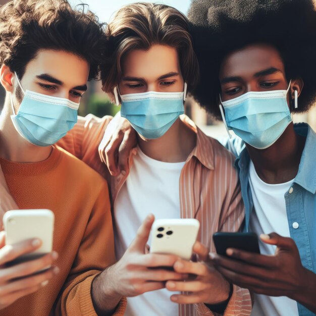 Foto foto em close de três amigos com máscaras olhando para seus telefones